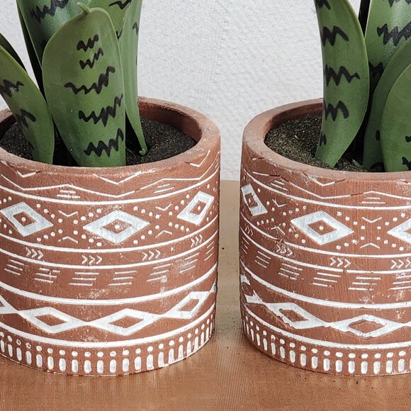 Faux Plants in Terracotta Tribal Print Faux Cement Pots Set of 3 4"Wx9"H - Picture 5 of 15